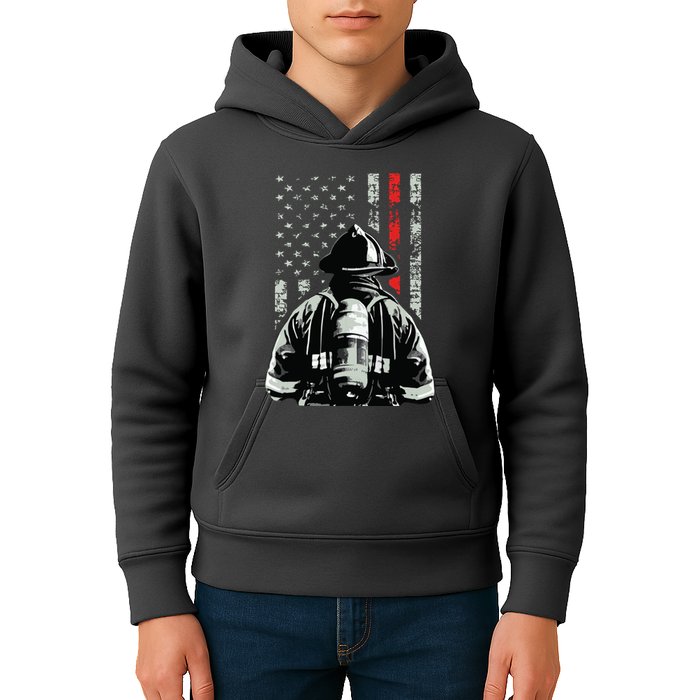 Fireman In Front Of American Flag Cool Firefighter Flag Kids Hoodie