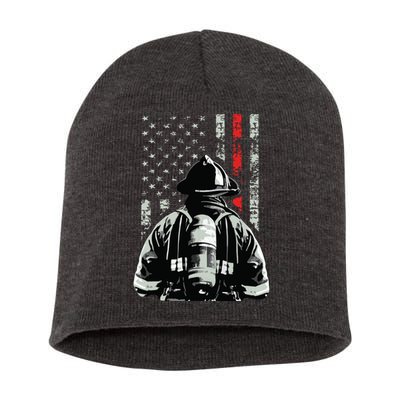 Fireman In Front Of American Flag Cool Firefighter Flag Short Acrylic Beanie