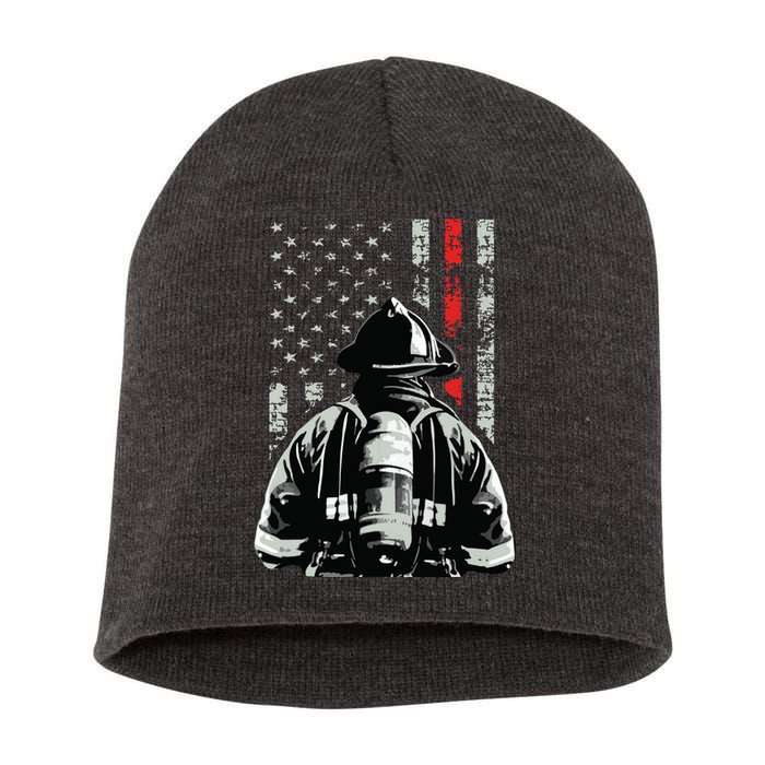 Fireman In Front Of American Flag Cool Firefighter Flag Short Acrylic Beanie