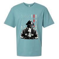 Fireman In Front Of American Flag Cool Firefighter Flag Sueded Cloud Jersey T-Shirt