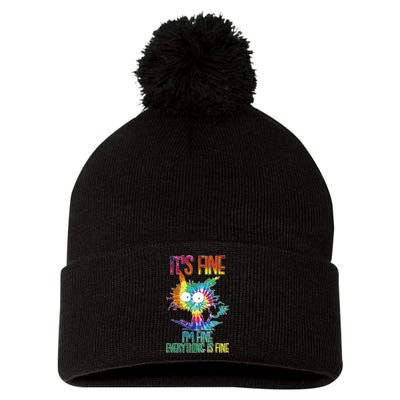 Funny It's Fine I'm Fine Everything Is Fine Tie Dye Cat Pom Pom 12in Knit Beanie