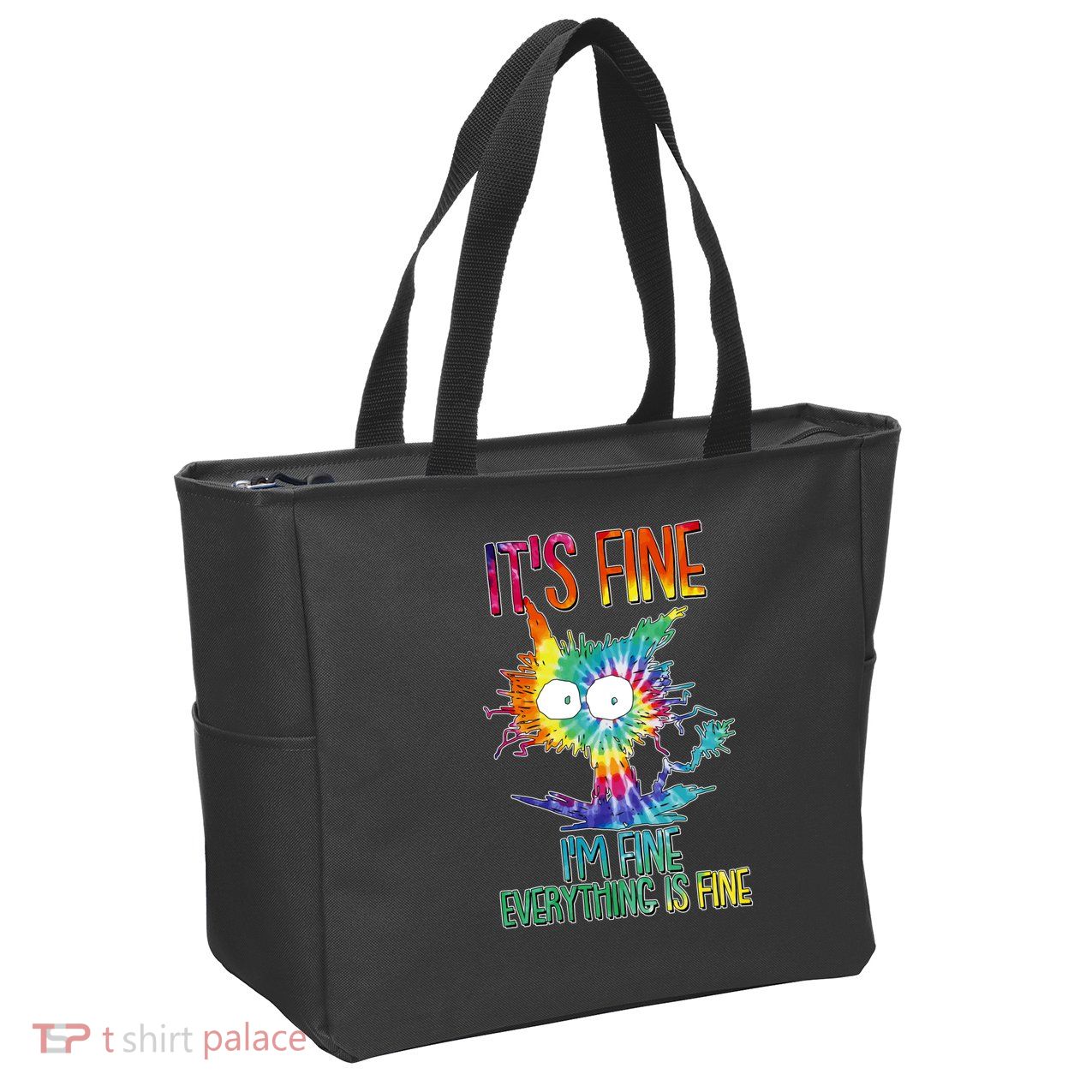 Funny It's Fine I'm Fine Everything Is Fine Tie Dye Cat Zip Tote Bag