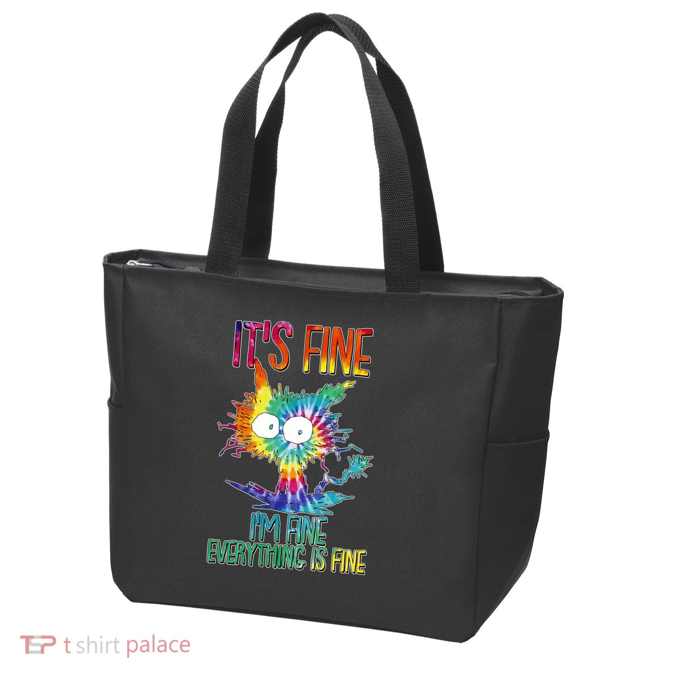 Funny It's Fine I'm Fine Everything Is Fine Tie Dye Cat Zip Tote Bag