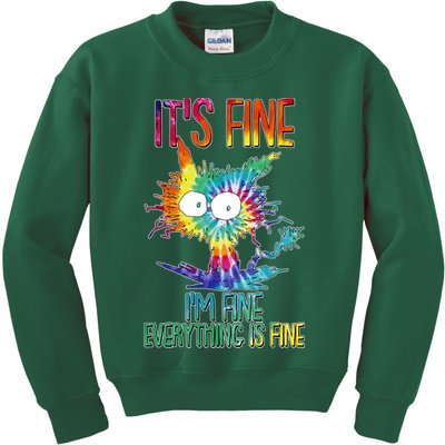 Funny It's Fine I'm Fine Everything Is Fine Tie Dye Cat Kids Sweatshirt