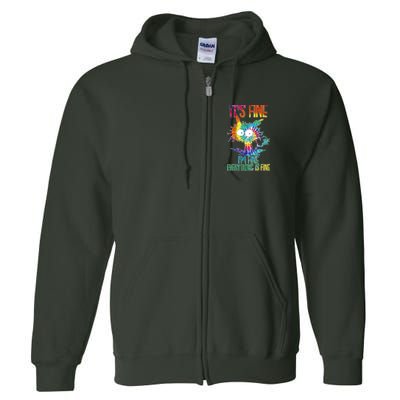 Funny It's Fine I'm Fine Everything Is Fine Tie Dye Cat Full Zip Hoodie