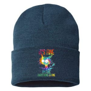 Funny It's Fine I'm Fine Everything Is Fine Tie Dye Cat Sustainable Knit Beanie