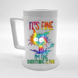 Funny It's Fine I'm Fine Everything Is Fine Tie Dye Cat Beer Stein