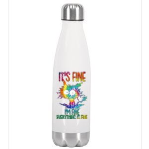 Funny It's Fine I'm Fine Everything Is Fine Tie Dye Cat Stainless Steel Insulated Water Bottle