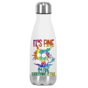 Funny It's Fine I'm Fine Everything Is Fine Tie Dye Cat Stainless Steel Insulated Water Bottle