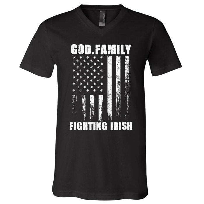 Fighting Irish God. Family. Vintage Usa Flag V-Neck T-Shirt