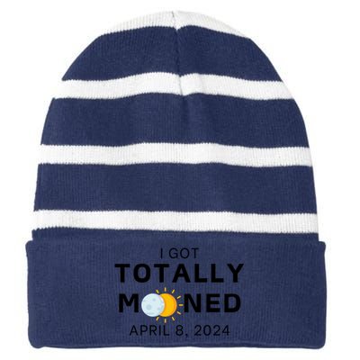 Funny I Got Totally Mooned Total Solar Eclipse April 8 Striped Beanie with Solid Band