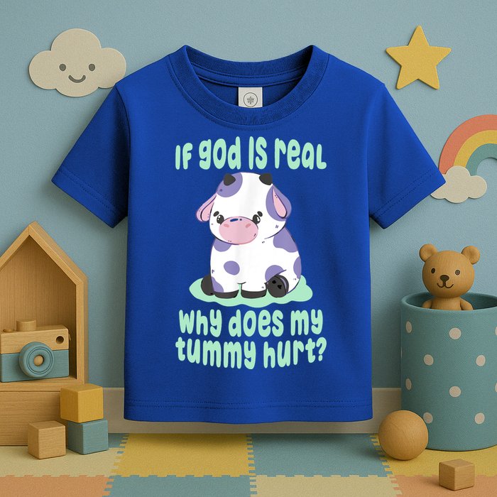 Funny If God Is Real Why Does My Tummy Hurt Sad Cow Toddler T-Shirt