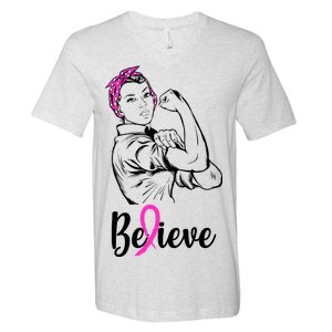 Fight Beast Cancer Awareness Believe  V-Neck T-Shirt