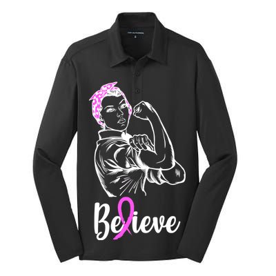 Fight Beast Cancer Awareness Believe  Silk Touch Performance Long Sleeve Polo