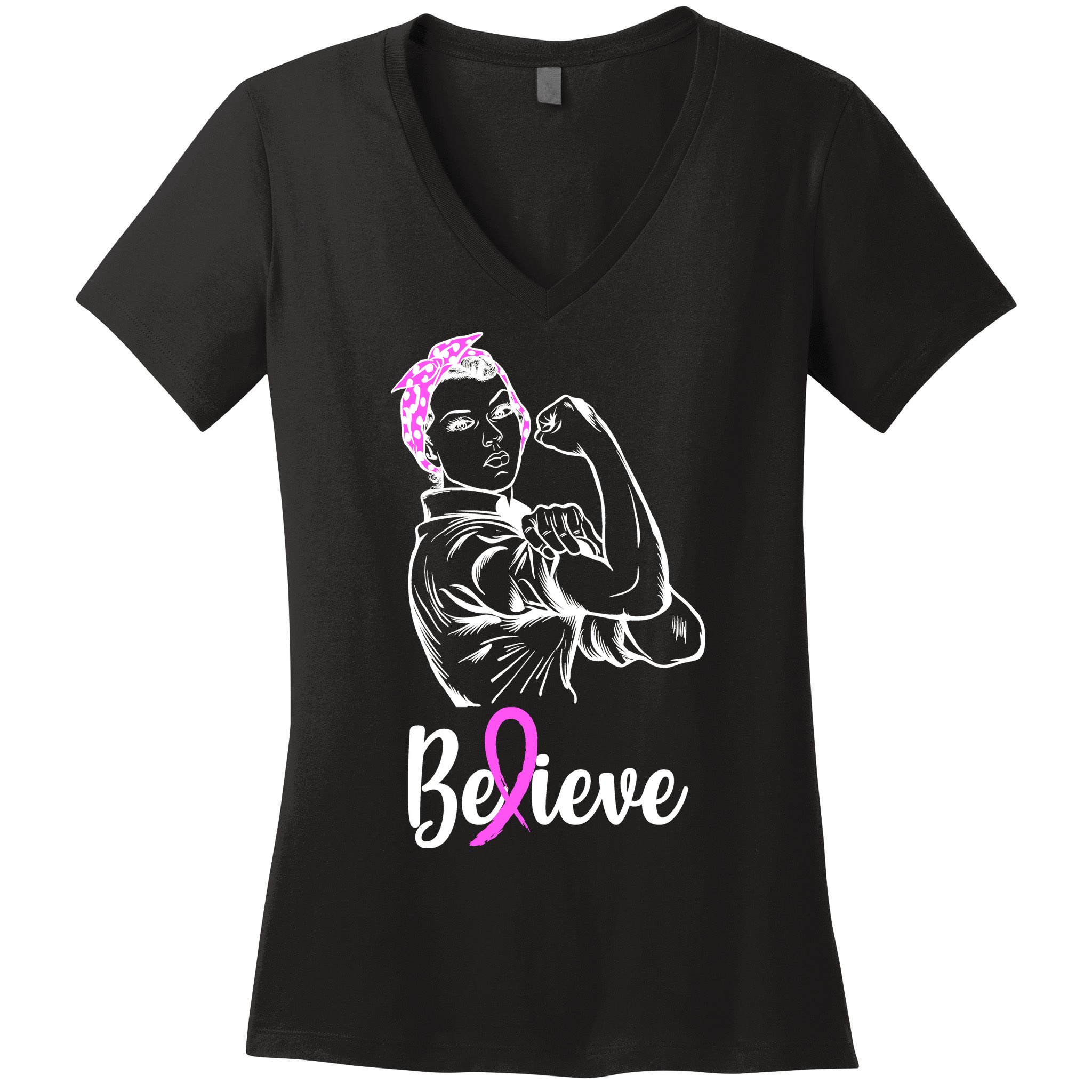 Fight Beast Cancer Awareness Believe  Women's V-Neck T-Shirt