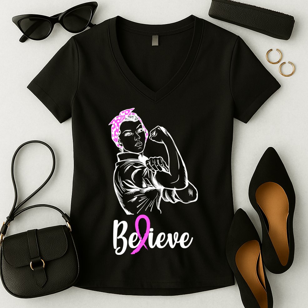 Fight Beast Cancer Awareness Believe  Women's V-Neck T-Shirt