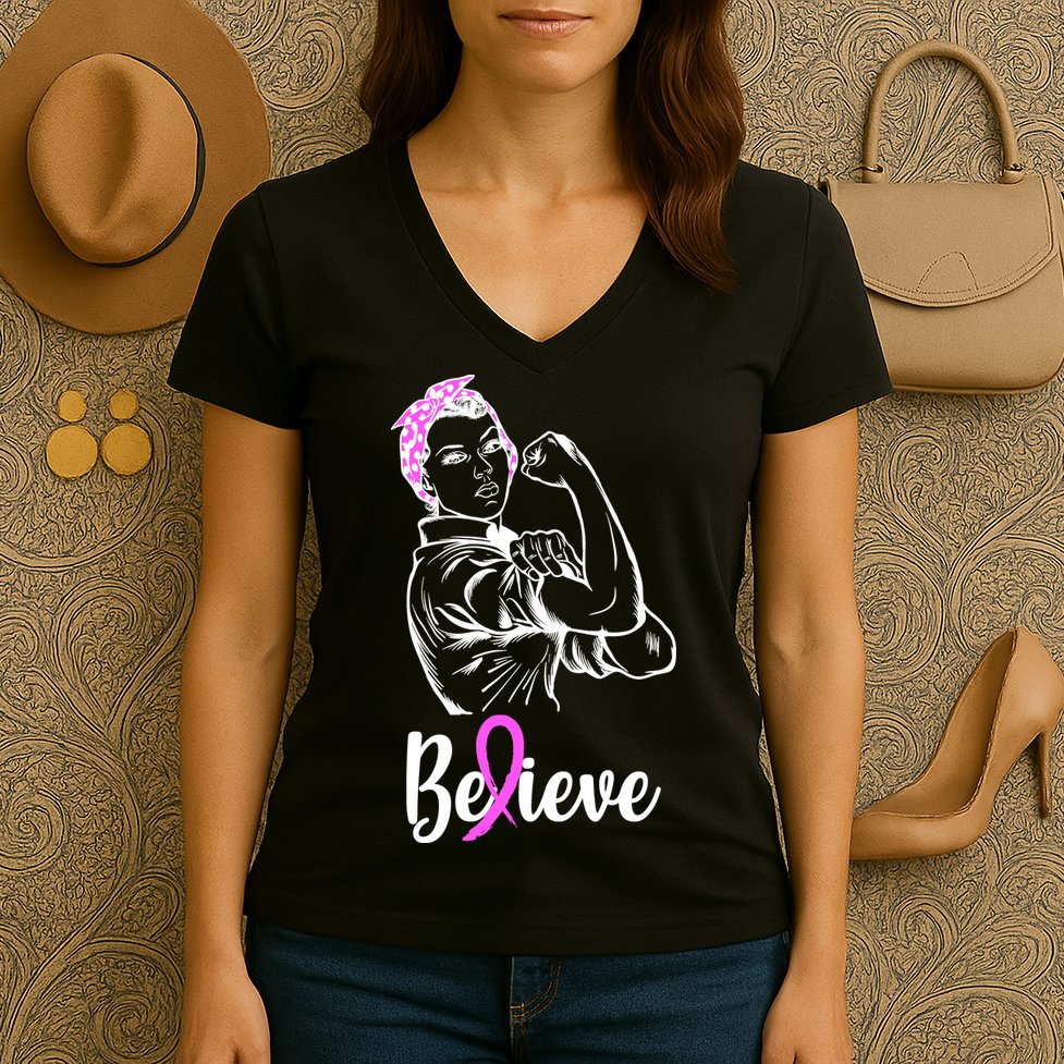 Fight Beast Cancer Awareness Believe  Women's V-Neck T-Shirt