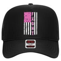 Fight Breast Cancer American Flag High Crown Mesh Back Trucker Hat