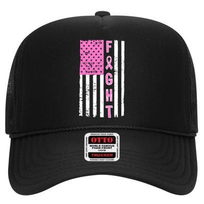 Fight Breast Cancer American Flag High Crown Mesh Back Trucker Hat