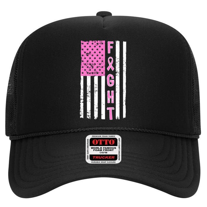 Fight Breast Cancer American Flag High Crown Mesh Back Trucker Hat