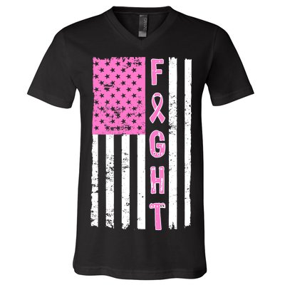 Fight Breast Cancer American Flag V-Neck T-Shirt