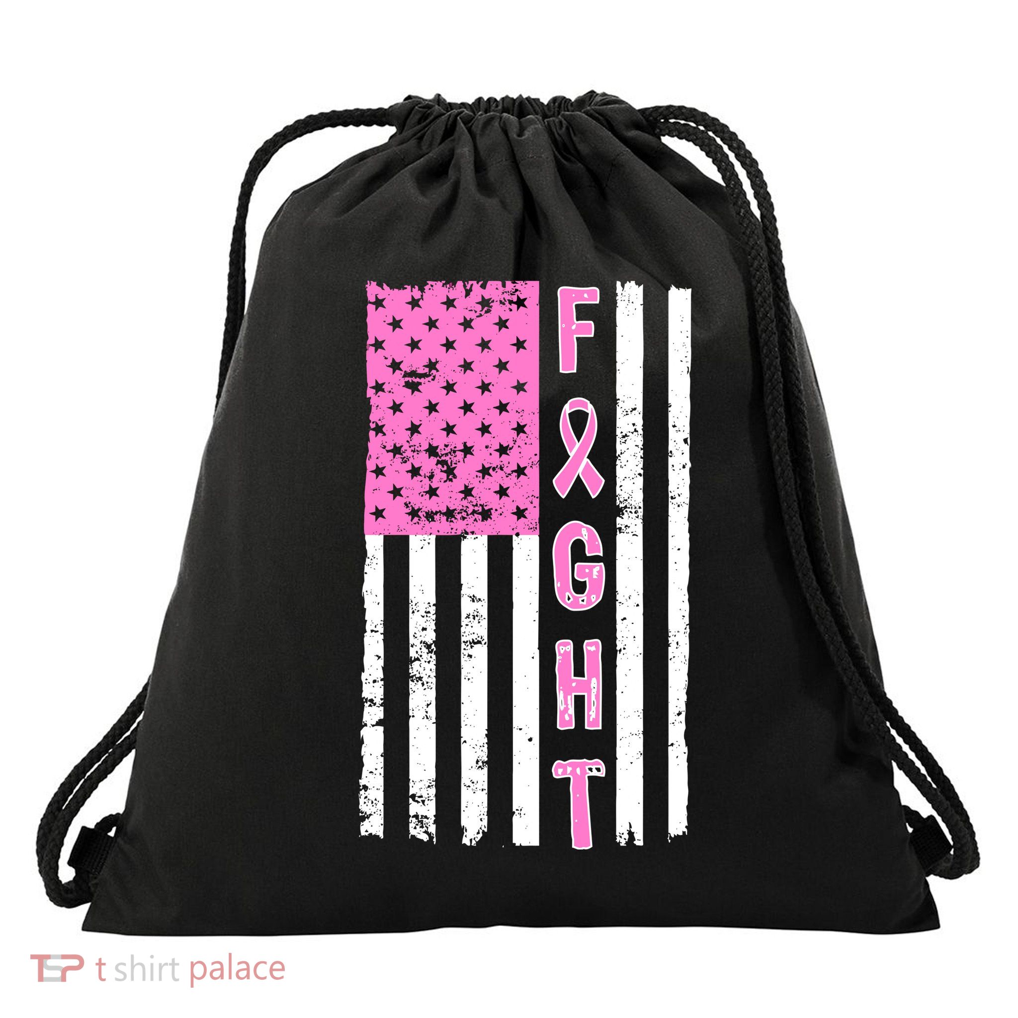 Fight Breast Cancer American Flag Drawstring Bag