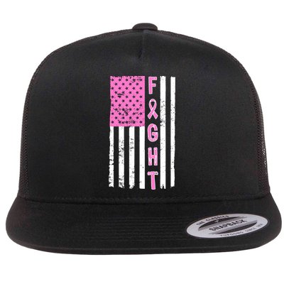 Fight Breast Cancer American Flag Flat Bill Trucker Hat