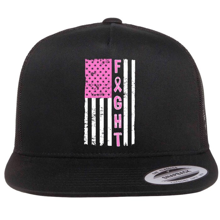 Fight Breast Cancer American Flag Flat Bill Trucker Hat