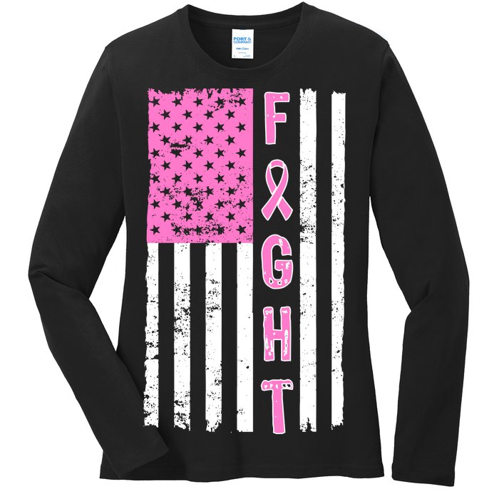 Fight Breast Cancer American Flag Ladies Long Sleeve Shirt