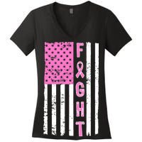 Fight Breast Cancer American Flag Women's V-Neck T-Shirt