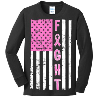 Fight Breast Cancer American Flag Kids Long Sleeve Shirt