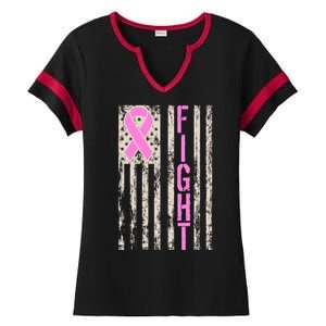 Fight Breast Cancer Awareness USA Flag Ribbon Ladies Halftime Notch Neck Tee