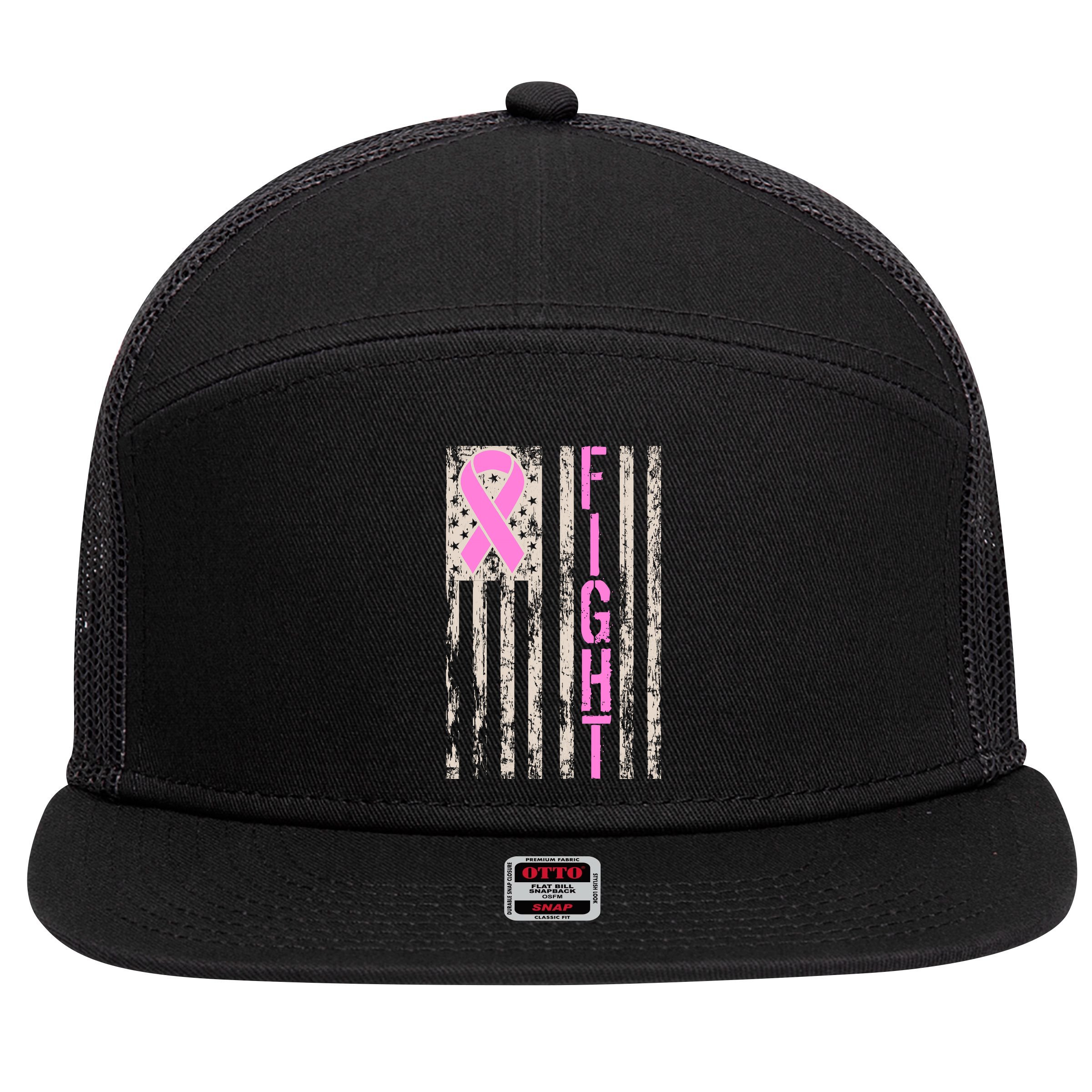 Fight Breast Cancer Awareness USA Flag Ribbon 7 Panel Mesh Trucker Snapback Hat