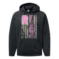 Fight Breast Cancer Awareness USA Flag Ribbon Performance Fleece Hoodie