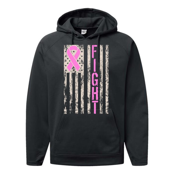 Fight Breast Cancer Awareness USA Flag Ribbon Performance Fleece Hoodie