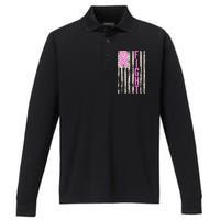 Fight Breast Cancer Awareness USA Flag Ribbon Performance Long Sleeve Polo