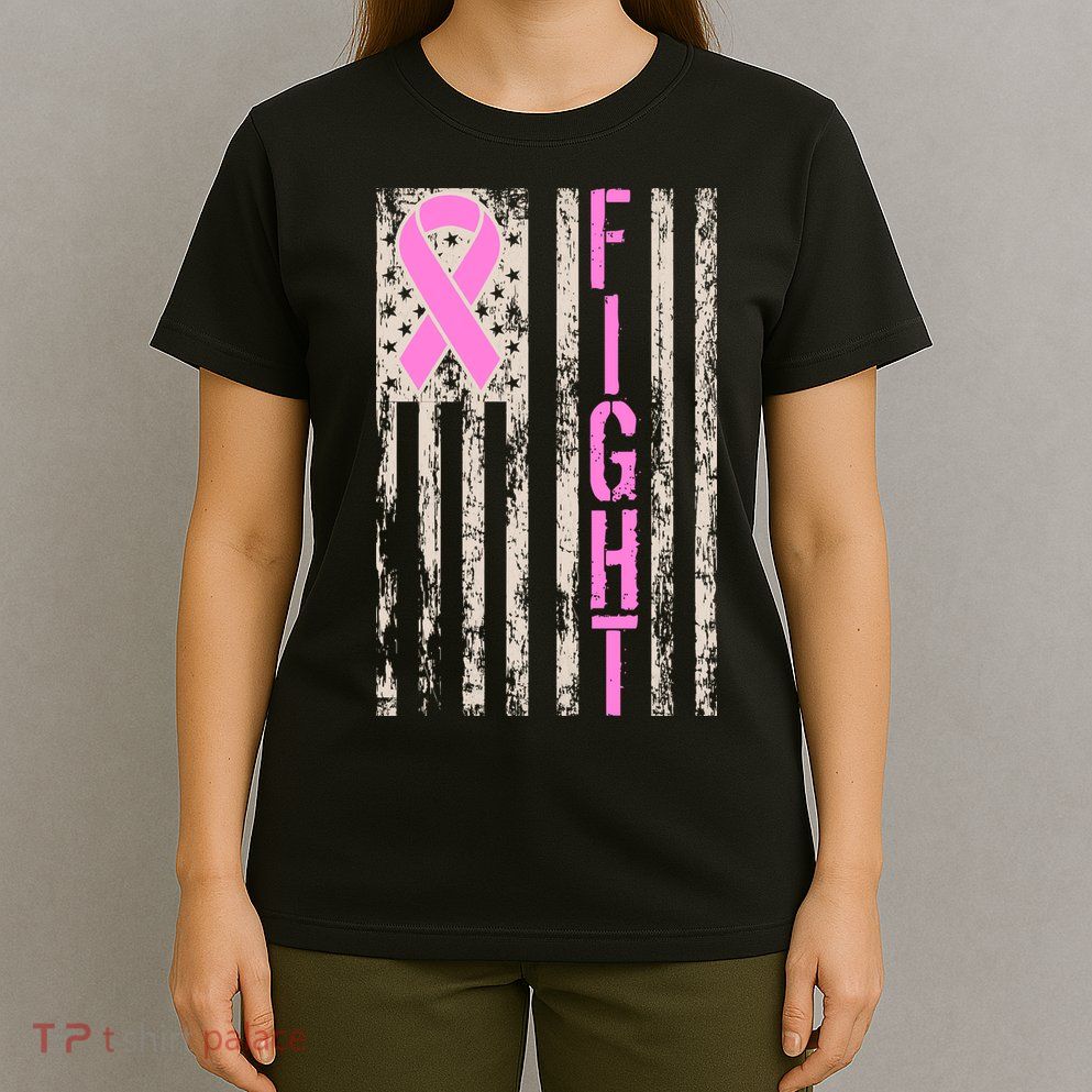 Fight Breast Cancer Awareness USA Flag Ribbon T-Shirt