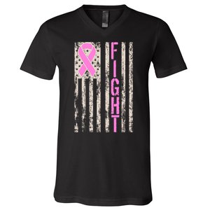 Fight Breast Cancer Awareness USA Flag Ribbon V-Neck T-Shirt