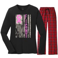 Fight Breast Cancer Awareness USA Flag Ribbon Women's Long Sleeve Flannel Pajama Set 