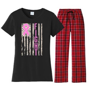 Fight Breast Cancer Awareness USA Flag Ribbon Women's Flannel Pajama Set