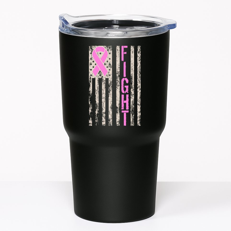 Fight Breast Cancer Awareness USA Flag Ribbon Tumbler
