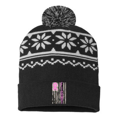 Fight Breast Cancer Awareness USA Flag Ribbon USA-Made Snowflake Beanie