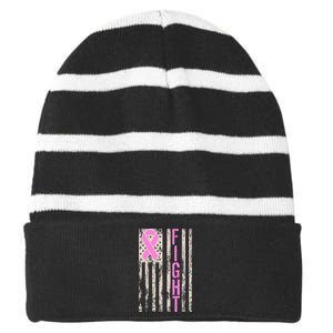 Fight Breast Cancer Awareness USA Flag Ribbon Striped Beanie with Solid Band