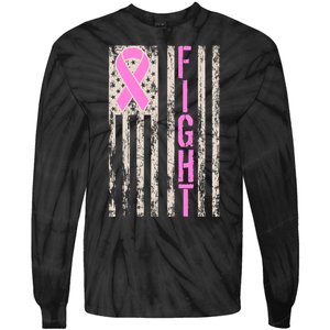 Fight Breast Cancer Awareness USA Flag Ribbon Tie-Dye Long Sleeve Shirt