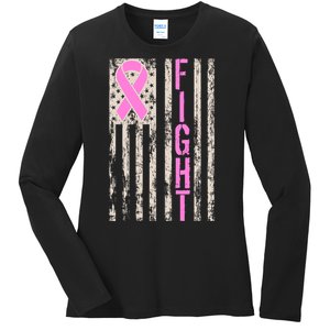 Fight Breast Cancer Awareness USA Flag Ribbon Ladies Long Sleeve Shirt