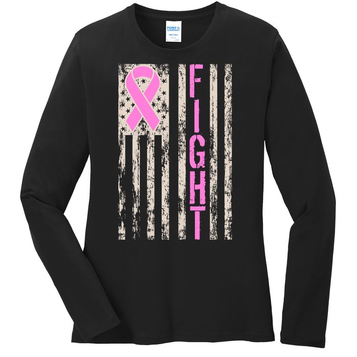 Fight Breast Cancer Awareness USA Flag Ribbon Ladies Long Sleeve Shirt