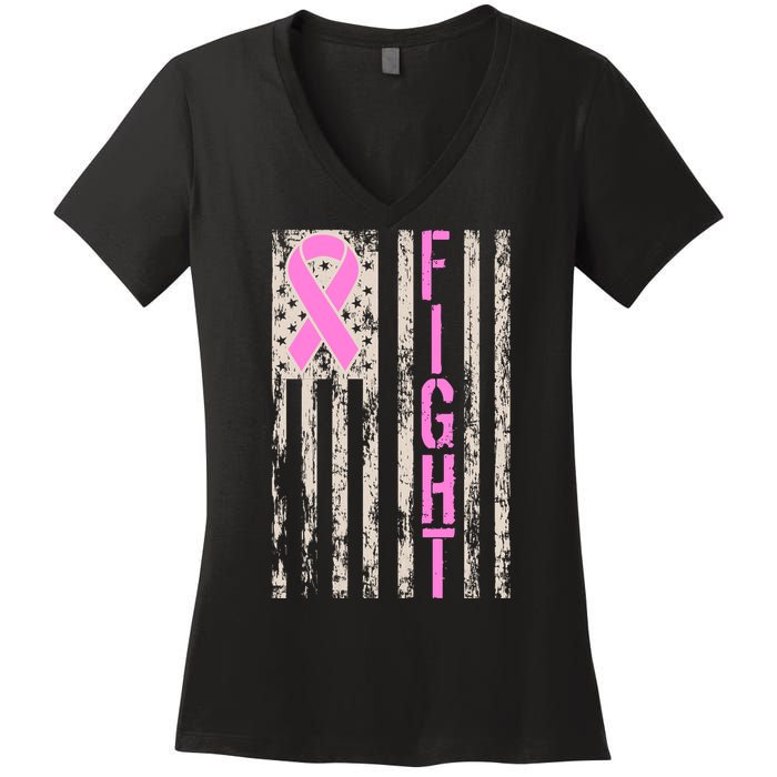 Fight Breast Cancer Awareness USA Flag Ribbon Women's V-Neck T-Shirt