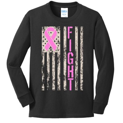 Fight Breast Cancer Awareness USA Flag Ribbon Kids Long Sleeve Shirt