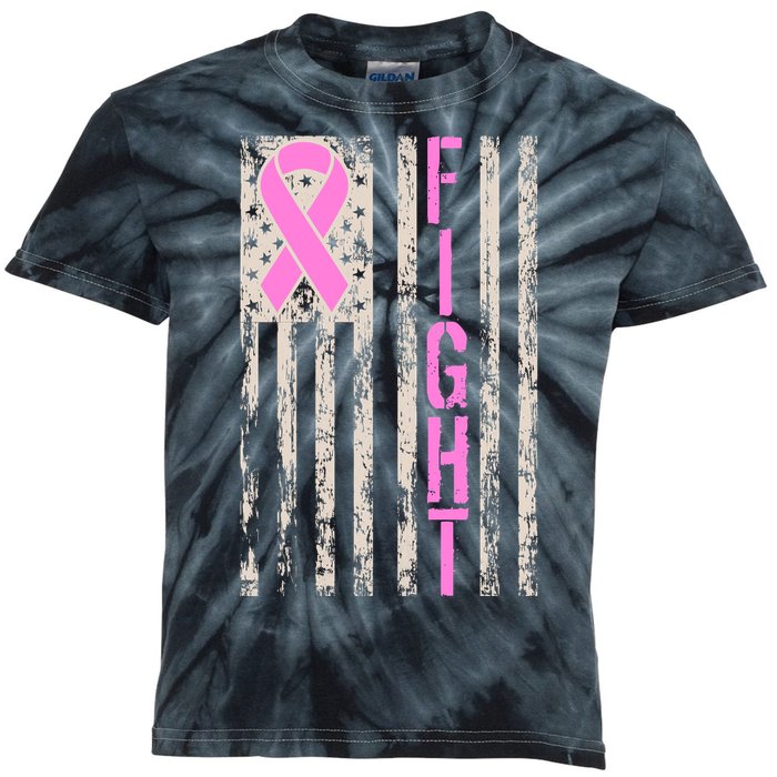 Fight Breast Cancer Awareness USA Flag Ribbon Kids Tie-Dye T-Shirt