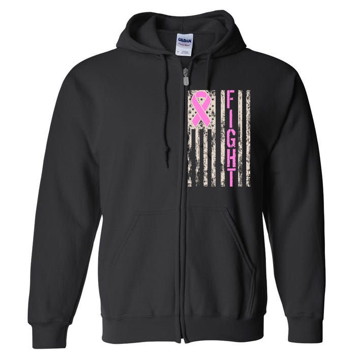 Fight Breast Cancer Awareness USA Flag Ribbon Full Zip Hoodie